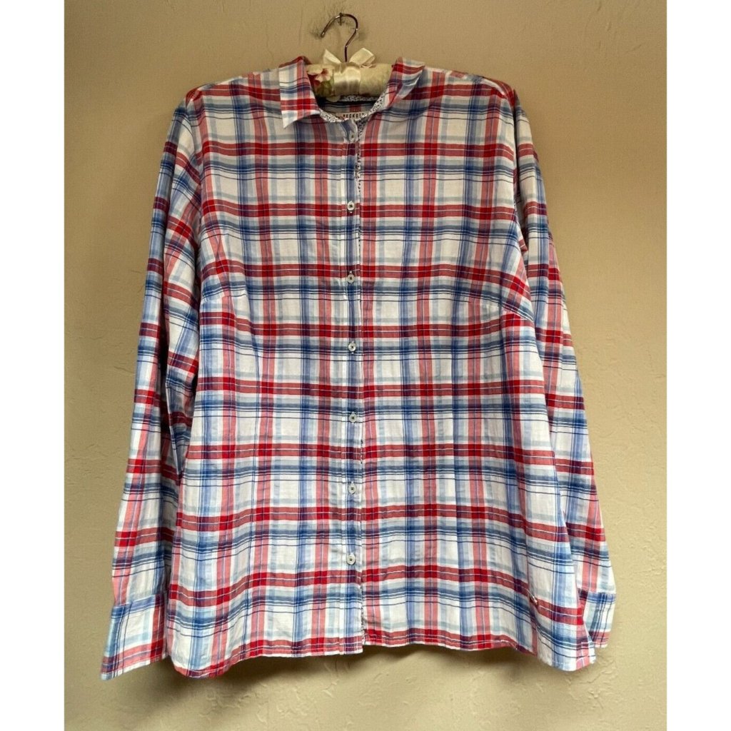 Peckott Womens Button Up Shirt Top Size 46 Multicolor Plaid Stretch Long Sleeve